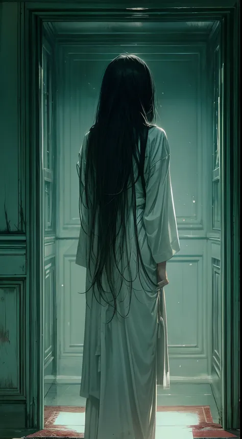 horror film shot of a creepy girl with long straight black hair, no face, wearing a dirty hospital gown,standing alone inside a ...