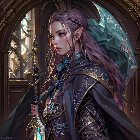 arafed a picture of a female elf (intense details, Masterpiece, best quality: 1.5) fantasy swashbuckler, fantasy fencer, armed with a slim sword, fantasysword sword, metallic shine, colorful clothes, an ultra wide shot, full body (intense details, Masterpi...