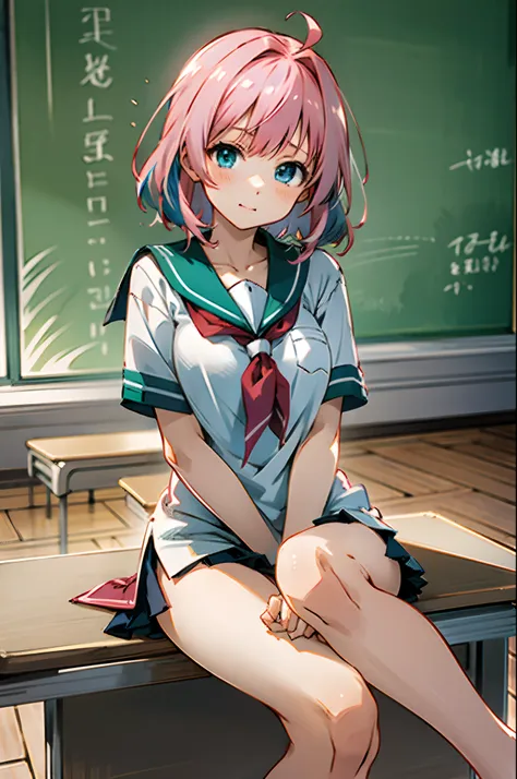 anime girl with pink hair and blue eyes, wearing school uniform, white shirt, sitting on table, classroom, green board, lesson, ...