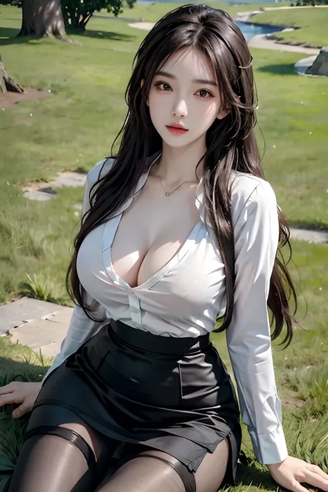 photorealistic, high resolution, soft light,1women, solo, hips up, look at viewer, (detailed face), long hair, lying on grass, see from below, show panties, see panties, secretary_uniform, black skirt, pantyhose, tattoo, jewelry