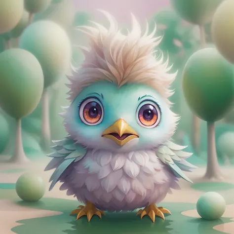 digital illustration of a cute stylized fantasy baby bird character,front view, style of studio ghibli, fluffy, photoreal render...