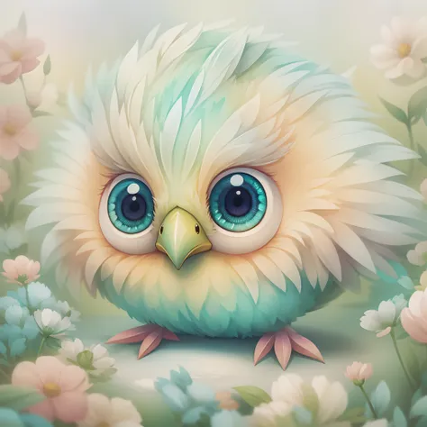 digital illustration of a cute stylized fantasy baby bird character,front view, style of studio ghibli, fluffy, photoreal render...