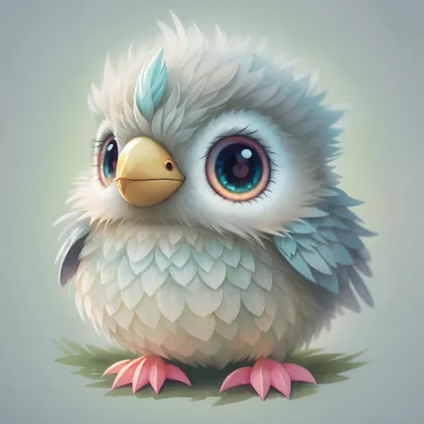 digital illustration of a cute stylized fantasy baby bird character,front view, style of studio ghibli, fluffy, photoreal render...