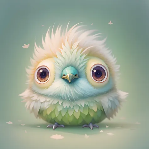 digital illustration of a cute stylized fantasy baby bird character,front view, style of studio ghibli, fluffy, photoreal render...