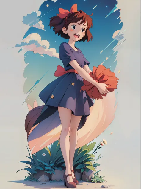 (masterpiece:1.2), (high qulity:1.2), 1girll, full body kiki, cheerfulness, big red hairtie, dark blue short dress, surrounded b...