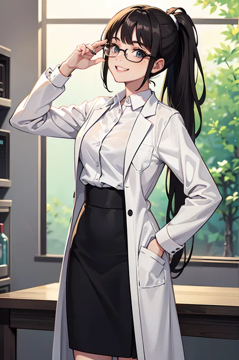 1girl, solo, scientist, mad scientist, white lab coat, pencil skirt, shoes, dress shirt, glasses, black hair, ponytail, long hai...