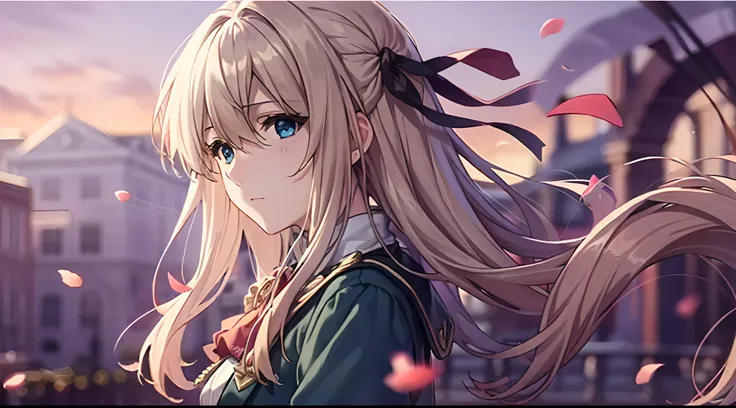 (Dynamic Angle:1.3),ventania,Movie highlights,Tyndall effect,1girll,Upper body,raised arm,view the viewer, , Extreme closeup,Violet_evergarden, Solo, jewelry, Expressionless,corsage, Blonde_Hair, Messy_Hair, Fluttering hair length_Sleeves, ribbon, Blue_Eye...