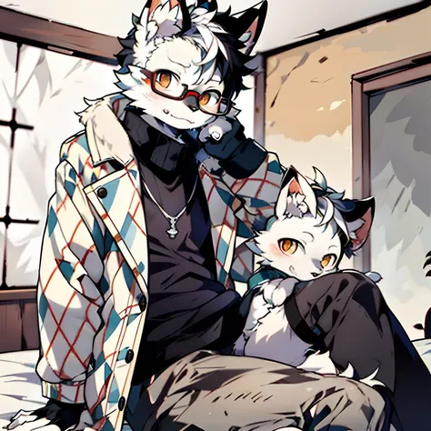 furry, male arctic fox, gray fur, golden eyes, wearing single-rimmed glasses, artist, wearing a trench coat and berets, sitting ...