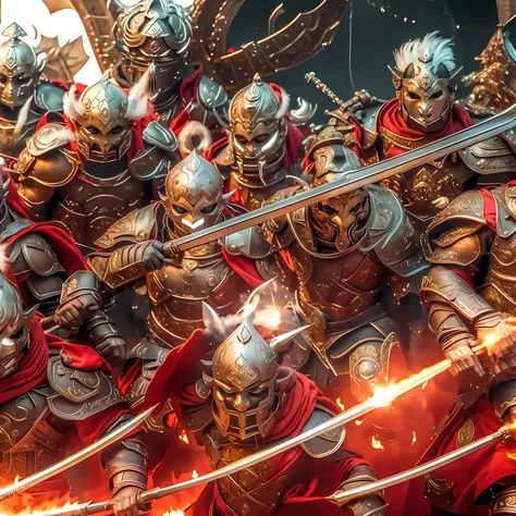 A group of asura warriors, fire and smoke