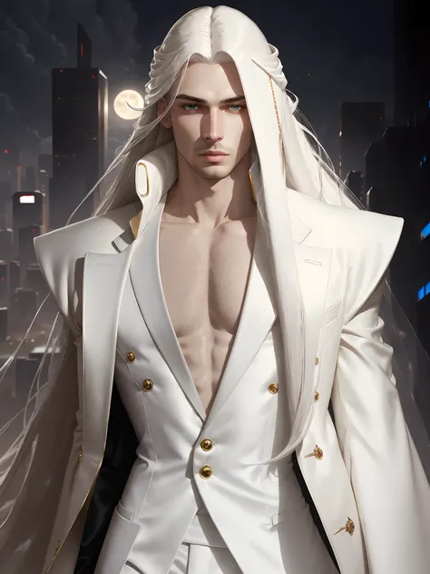 masterpiece, highest quality, (solo focus), (perfect face:1.1), (high detail:1.1),dramatic, 1guy, (pale skin), long white hair, white eyes, [light eyebrows], solo, long hair, moon, night, white luxury suit, covered navel, pouty lips, covered, futuristic ci...