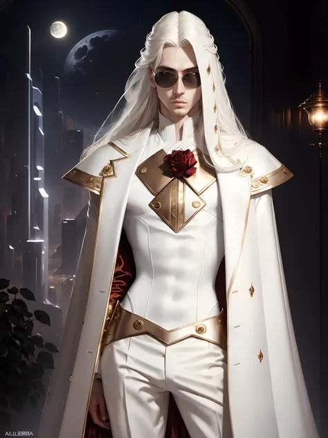 masterpiece, highest quality, (solo focus), (perfect face:1.1), (high detail:1.1),dramatic, 1guy, (pale skin), long white hair, white eyes, [light eyebrows], solo, long hair, moon, night, white luxury suit, covered navel, pouty lips, covered, futuristic ci...