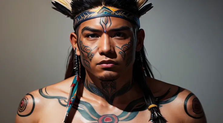 masterpiece photo of twenty-nine year old fit male native american shaman, full body, tattoo, intricate detail, super-realistic, hyper detail, skin texture, tan, goosebumps, shiny skin, photo, photorealistic, 8K, high-detail