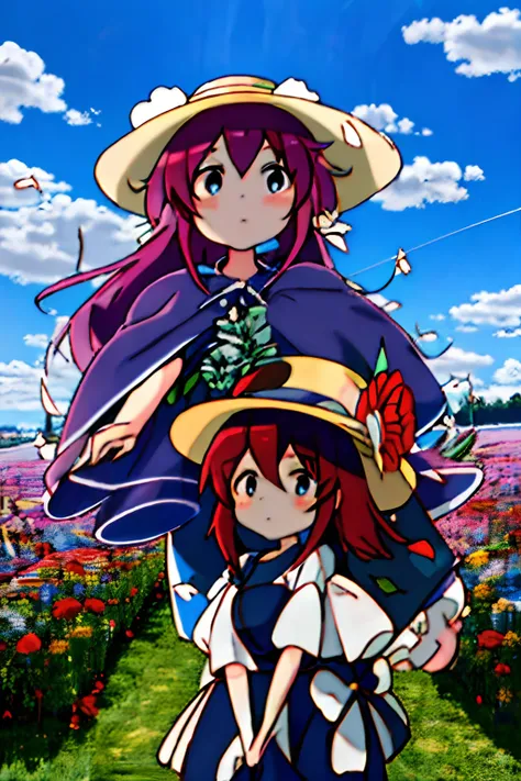 ((Masterpiece, Best quality)), 1girll, flower, Solo, dress, Holding, sky, Cloud, Hat, Outdoors, bangs, Bouquet, Rose, Expressionless, Blush, Purple hair, brunette color hair,flower field, Red flower, Blue eyes, White dress, medium haired, holding flower, ...