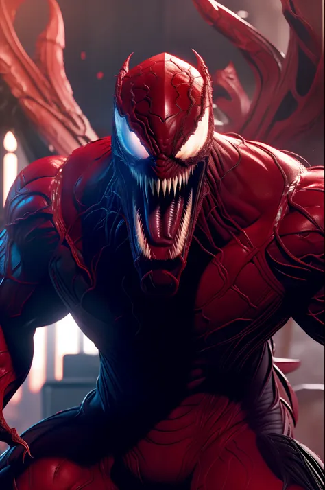 carnage (marvel), standard body, rough black skin, sharp teeth, evil smile, long tongue, beautiful, cool, intricate details, sci...