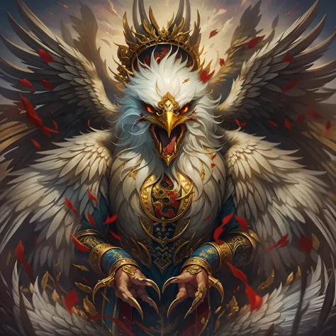 Chinese mythology and stories,Journey,The demon king of the golden-winged eagle,head of an eagle,closeup cleavage,golden colored,Open your mouth,tosen,Surrounded by bloody skulls,Fierce eyes,Blood,A mouth full of blood,Dripping blood,Puffing,massive wings,...