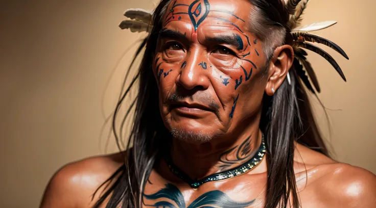Photo of the 60-year-old fit male masterpiece Native American shaman, corpo inteiro, tatuagem, detalhe intrincado, super-realista, hiper detalhe, textura da pele, bronzeado, arrepios, pele brilhante, foto, fotorrealista, 8K, alto detalhe