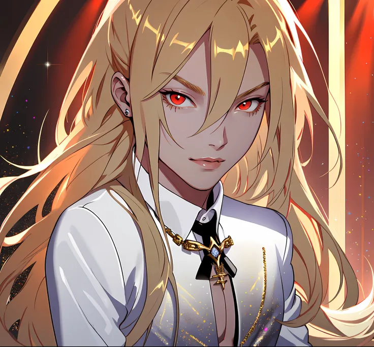 masterpiece, highest quality, (perfect full face:1.5), (high detail:1.1), long straight blonde hair, soft hair, lucifer, (hyper detailed red eyes), solo ,1guy, long hair, luxury suit, fashion show detailed background, 32k, covered navel, full lips, curvy g...