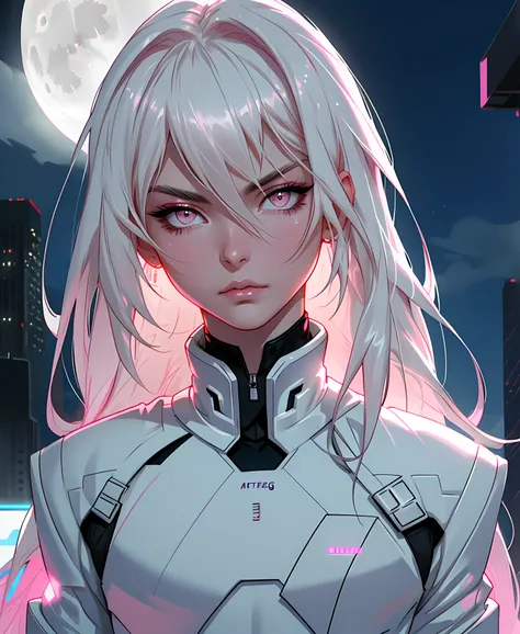 masterpiece, highest quality, (solo focus), (perfect face:1.1), (high detail:1.1), dramatic, 1guy, (pale skin), long white hair, white eyes, [light eyebrows], solo, long hair, moon, night, white luxury suit, covered navel, pouty lips, covered, futuristic c...