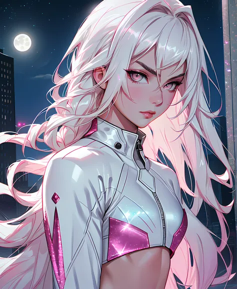 masterpiece, highest quality, (solo focus), (perfect face:1.1), (high detail:1.1), dramatic, 1guy, (pale skin), long white hair, white eyes, [light eyebrows], solo, long hair, moon, night, white luxury suit, covered navel, pouty lips, covered, futuristic c...