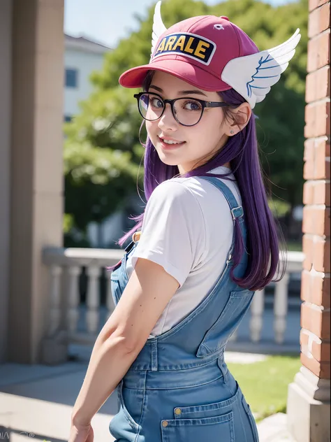 (masterpiece, best quality:1.4), (standing:1.5), (from back) (dynamic pose), 1girl, solo, (european youth:1), arale, glasses, bl...