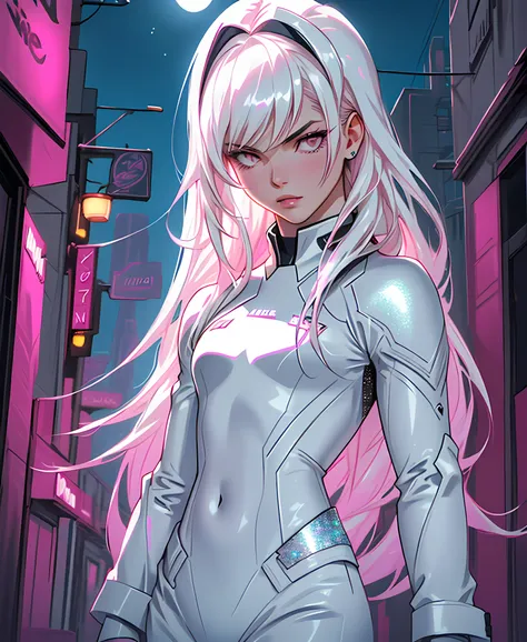 masterpiece, highest quality, (solo focus), (perfect face:1.1), (high detail:1.1), dramatic, 1guy, (pale skin), long white hair, white eyes, [light eyebrows], solo, long hair, moon, night, white luxury suit, covered navel, pouty lips, covered, futuristic c...