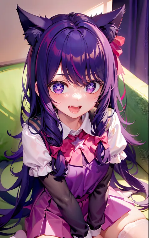 1girll，（（there is a five-pointed star in the eye））gorgeous hair in long purple，smile，open mouth，jk school uniform，blushlush，cat ...