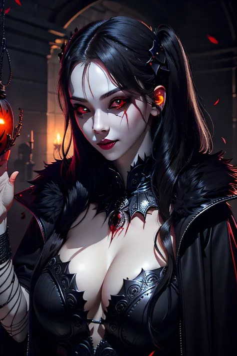 1girl,black sclera, cleavage,upper body, eyelashes, looking at viewer, red eyes, solo,shiny skin,huge breasts,halloween,skull,blood,blood on face,horror (theme),pale skin,evil grin