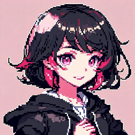 pixel art, masterpiece, pix, 1girll, black color hair, pink pick dye, pink eyes, short detailed hair ,hooding, petite, small che...