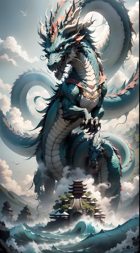 a giant dragon that devours the sun and moon like a mountain，the figure is visible in the clouds，the black water is turbulent，（t...