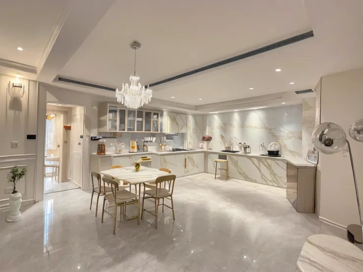 ,masterpiece, best quality,8k, ultra highres,Immerse yourself in this magical kitchen,The silky marble countertops exude an intoxicating aroma,Light and shadow jump under the inlaid crystal chandelier,Its like a fairyland。The metallic kitchenware shows the...