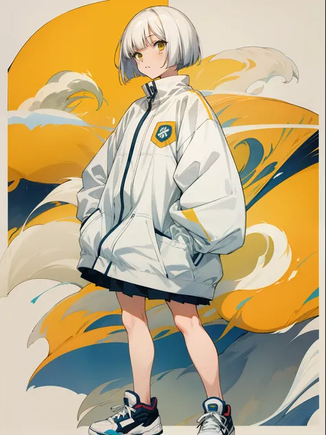 masutepiece, one girl, white bob cut, windbreaker, sneakers, spats, to stand, have a lemon, flat_color