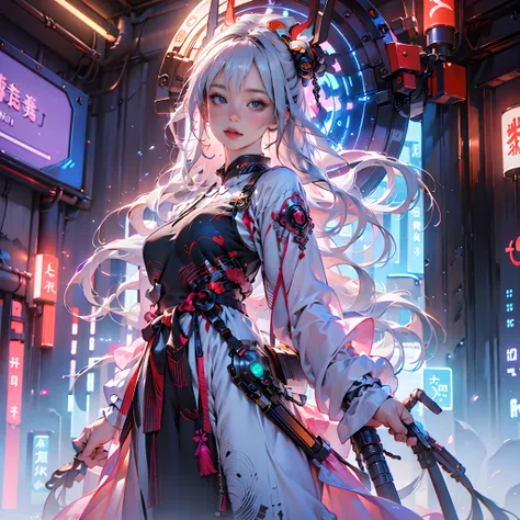 1 girl solo, perfect_hand, (8k, RAW photo, best quality, masterpiece:1.2), (realistic, photo-realistic:1.4), (extremely detailed CG unity 8k wallpaper),full body, (neon lights:1.2), machop, mechanical arms,mecha, hanfu, Chinese clothes, dress,