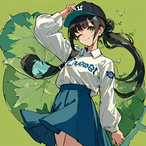 1girl, alone, green eyes, one eye closed, kalap, skirt, baseball cap, leaf, shirt, cowboy shot, looking at viewer, blue headwear...