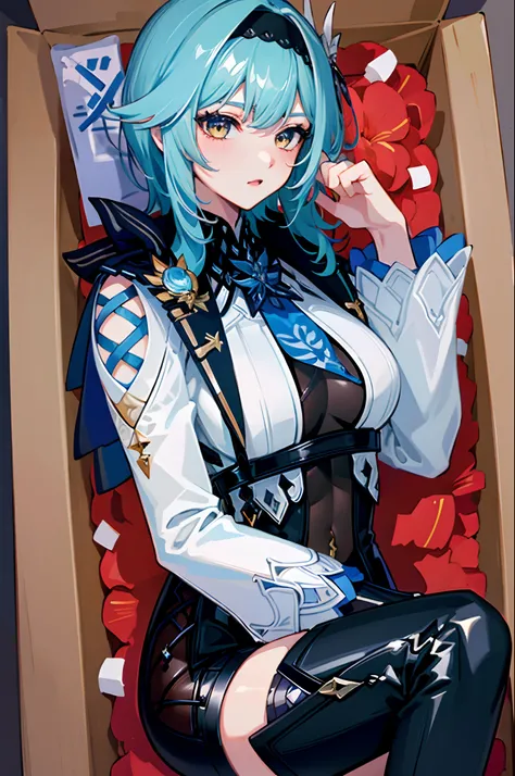 (masterpiece, top quality, best quality, official art, beautiful and aesthetic:1.2),(8k, best quality, masterpiece:1.2), there is a woman sitting in a box full of money and diamod, facial expressions that are so sexy and seductive, the color of the box is ...
