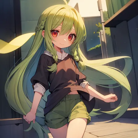 Beautiful illustration, Best Quality, 12-year-old girl、(cute petit girl),Lori、((Long tunic layered in green chino shorts))、((low rise short pants))、(Chino shorts hem and thigh gap)、Thighs visible from the hem of shorts、Thigh gap、 Beautiful red eyes, Cinema...