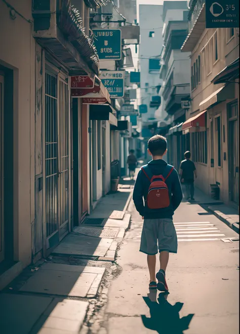 a boy walking alone on the street ultra high resolution, clear focus, super detailed, natural light, cinematic photo tinting, wi...