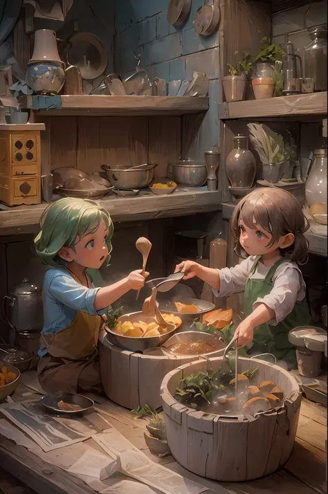 Background////A small Hobbit village. They live in houses that blend in with the soil and vegetation. Character //(Hobbit children play and adults are busy preparing dinner:1.8),effect///Fluffy pastel colors.fine brushes,(XF 35mm F1.4 R,F1.4,maximum apertu...