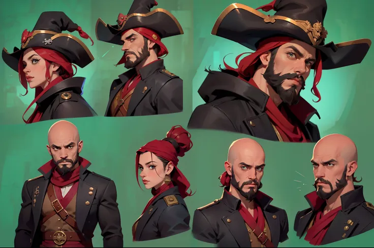 of a guy，a pirate，beard，bald-headed，pirate hat，robe，hands with iron hooks，muskets，fierce expression，solo person，full bodyesbian，...