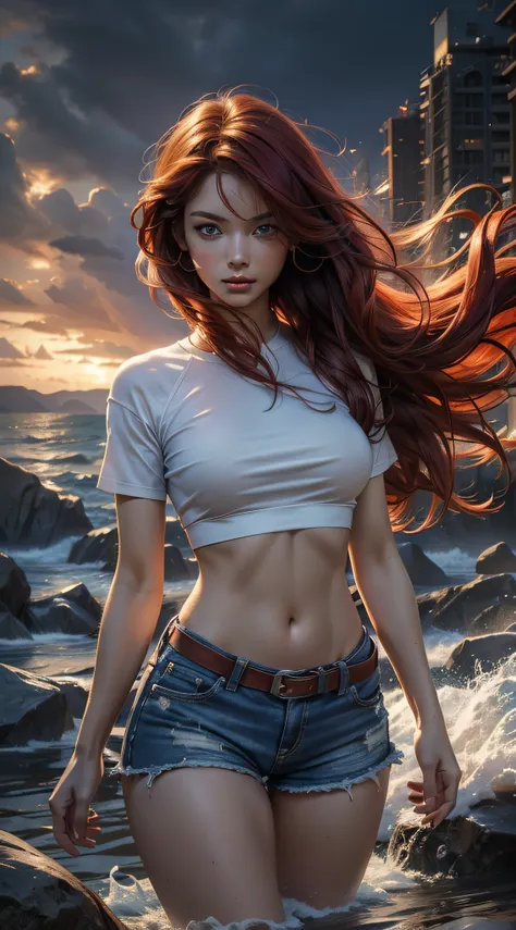 ((best quality)), ((masterpiece)), (detailed: 1.4), 8k, 1girl, blue eyes, red hair, very long hair, silky hair, big chest, slim ...