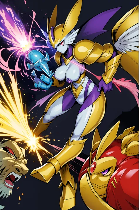 "Powerful barbarian with insect-like angelic armor, reminiscent of Digimon and Guyver, joins forces with a group of sentai heroes. The robot girl with huge breasts adds an overwhelming presence to the scene." musclegirl