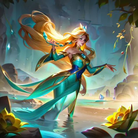 нилах из league of legends, but with a long, curly blonde hair, holding a whip with flowers in his hands, encrusted as follows::...