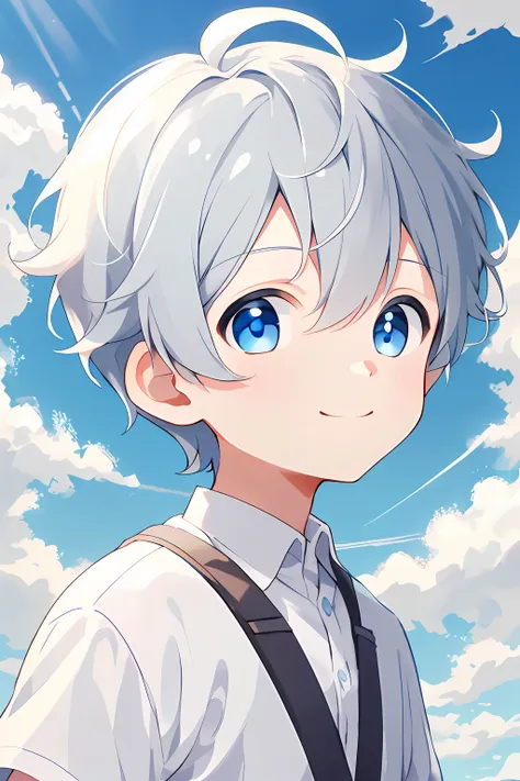 1boys，solo, sportrait，whaite hair, short detailed hair, eblue eyes, hair between both eyes, blue sky，the cloudy，ssmile，white bac...