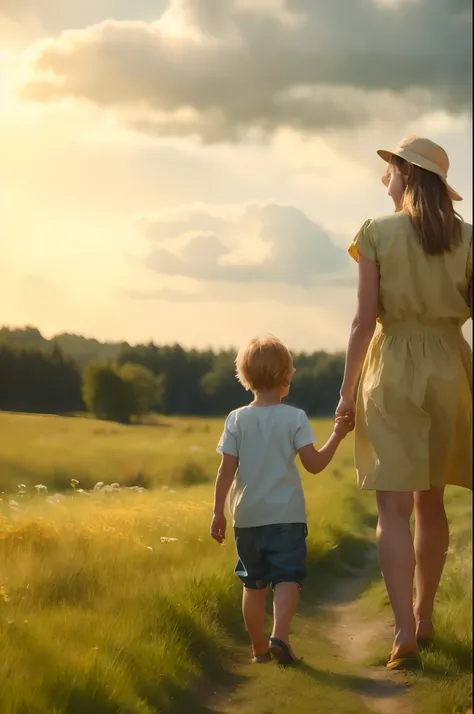 A woman and two children are walking along the path, warm and joyful atmosphere, Summer afternoon, Walking confidently, artistic interpretation, On a sunny day, summer evening, On a sunny day, Threesome walk, sunny afternoon, summer morning light, The Morn...