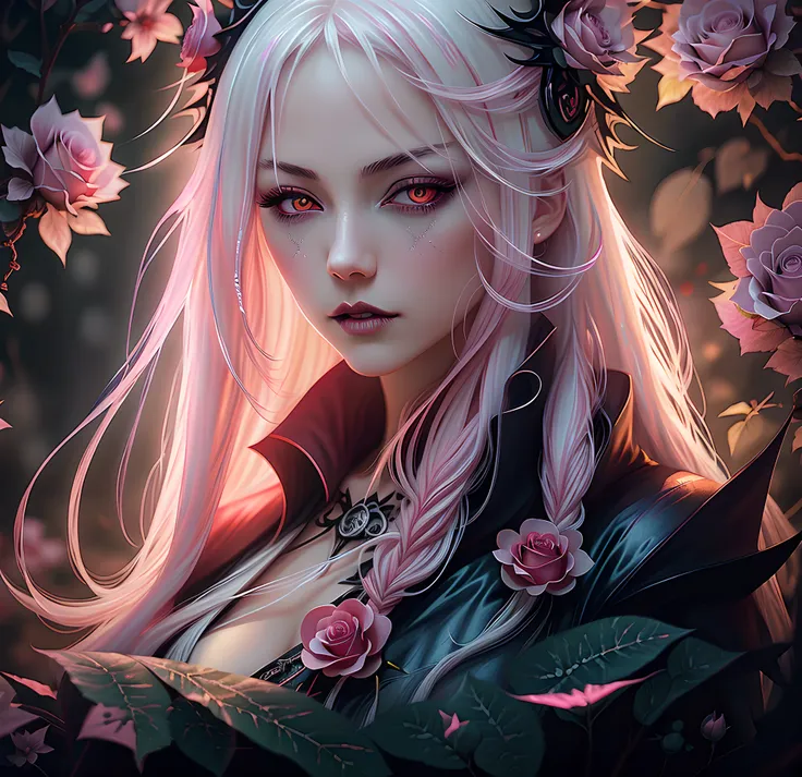 anime vampire witch girl, long white hair, gothic style, roses in hair,dark black eyelashes ,glowing pink eyes, digital illustra...