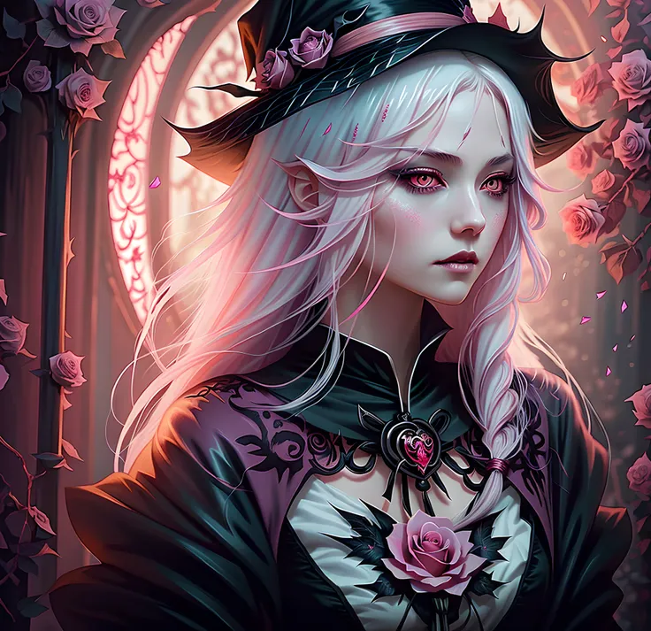 anime vampire witch girl, long white hair, gothic style, roses in hair,dark black eyelashes ,glowing pink eyes, digital illustra...