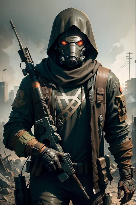 close-up of a masked man with a gun in his hands, post-apocalyptic scavenger, from half-life 2, in apocalyptic robes, apocalypti...