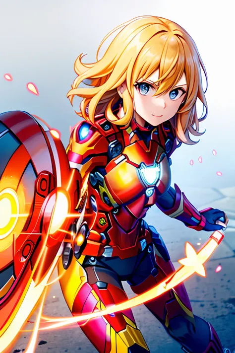 black widow wears iron man armor，a yellow-haired