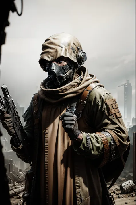 close-up of a masked man with a gun in his hands, post-apocalyptic scavenger, in apocalyptic robes, apocalyptic setting, gloomy ...