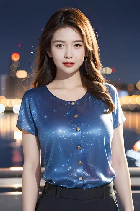 1girl, (looking at viewer),  (bokeh:1.1), closed mouth,light smile, realistic, meditation,starry sky,night, shirt,
pants, skylin...