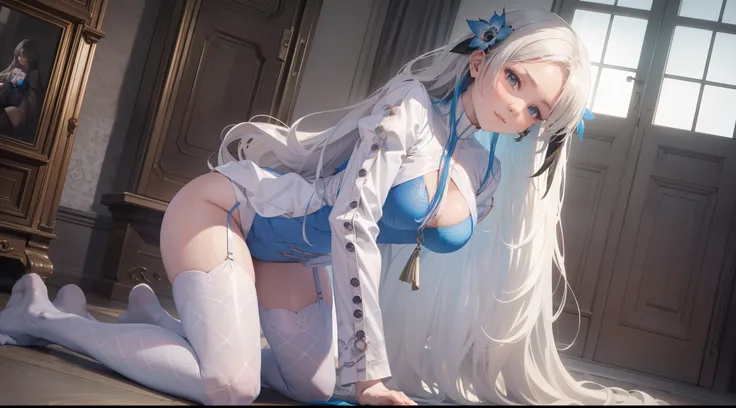 (Enrich the picture,Masterpiece level quality)Beautiful 8K CG artwork,Goddess-like posture,Kneeling exercise,Slim and soft,Translucent skin,White hair、The beauty of extra-long hair, Super Long Straight Hair,The skin is fair and juicy,Erotic lingerie unifor...